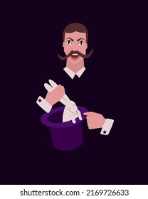 The magician takes the rabbit out of the hat. Vector illustration, isolated elements on a dark background. Cartoon character.