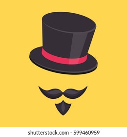 Magician. Tall hat with mustache and beard.Vector flat icon