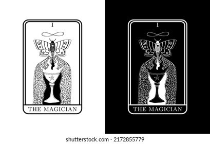 the magician tarot card black and white ink illustration fortune teller card reading occult pagan wiccan witchcraft divination psychic mystical snake tattoo design
