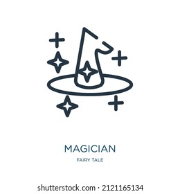 magician thin line icon. magic, fantasy linear icons from fairy tale concept isolated outline sign. Vector illustration symbol element for web design and apps.