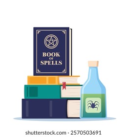 Magician tools cute composition. Wizard magic mystery amulet, spell book, crystal ball, magic bottle with elixir.