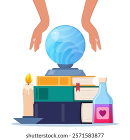Magician tools cute composition. Wizard magic mystery amulet, spell book, crystal ball, magic bottle with elixir.