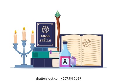 Magician tools cute composition. Wizard magic mystery amulet, spell book, magic bottle with elixir, candles.