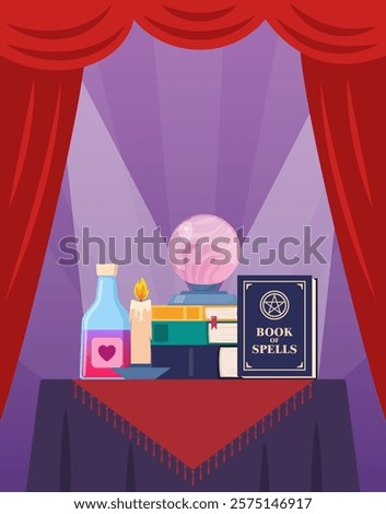Magician tools cute composition. Wizard magic mystery amulet, spell book, crystal ball, magic bottle with elixir.