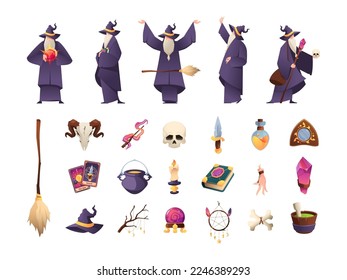 Magician tools. Various old wizards characters cartoon style, mystery sorceress witchcraft with magic occult mystic fantasy elements. Vector set of magician magic illustration