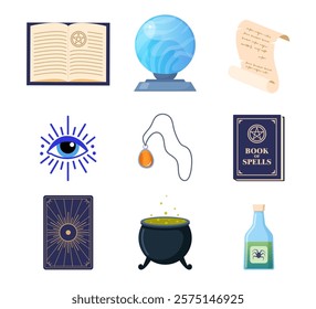 Magician tools. Wizard magic mystery amulet, spell book, crystal ball, evil eye, tarot cards, potion cauldron.
