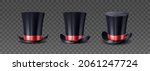 Magician top hat, black vintage cylinder cap with red bow and high crown isolated on transparent background. Circus performer headwear for magic tricks. Realistic 3d vector illustration