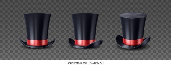 sombrero superior mago, tapa de cilindro vintage negro con arco rojo y corona alta aislada sobre fondo transparente. Ropa de cabeza de artista de circo para trucos de magia. Ilustración vectorial 3d realista