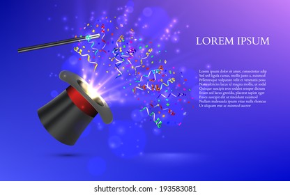 Magician Top hat with fireworks from confetti. vector