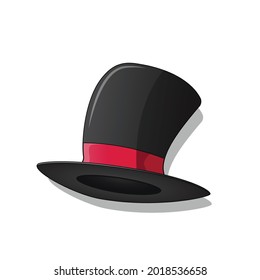 Magician top hat, gentleman hat cylinder with red ribbon, masquerade decor, carnival headdress element cartoon vector Illustration on a white background