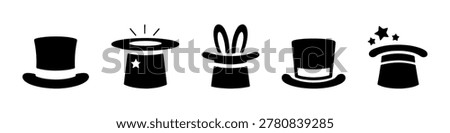 Magician Top Hat Icons Set Rabbit Ears and Stars Magic Performance Symbols