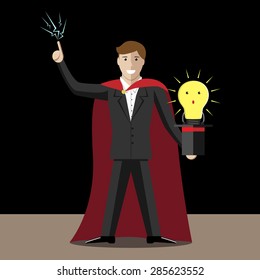 Magician and top hat with light bulb character. Idea, success, creativity, presentation, trick, lie, deception, fraud, cheating, magic, illusion. EPS 10 vector illustration, no transparency