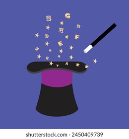 Magician top hat with magic wand and letters from alphabet
