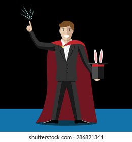 Magician and top hat with rabbit. Magic, trick, deception, cheating, illusion concept. EPS 10 vector illustration, no transparency