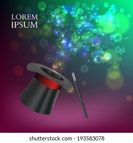 Magician Top Hat and stick with magic particles. Vector illustration
