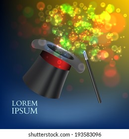 Magician Top Hat and stick with magic particles. Vector illustration