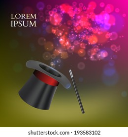 Magician Top Hat and stick with magic particles. Vector illustration
