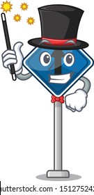 Magician toy holding wand over head cartoon traffic sign