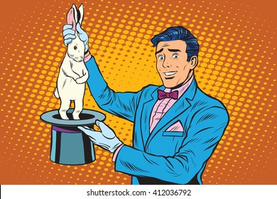 Magician trick rabbit pop art retro style. Magic hat. The illusionist trick circus. Circus rabbit.