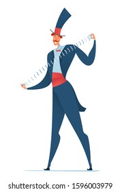 A magician in a tuxedo showing a trick with cards. Vector illustration of a circus show.