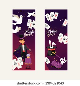 Magician vector illusionist show magic man illusion or magical illusionism on backdrop and cartoon character person in hat show performance with bunny dices dove background set illustration.