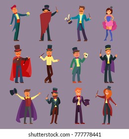 Magician Vector Illusionist Show Magic Man Illusion Or Magical Illusionism And Cartoon Character Person In Hat Show Performance Playing Cards Isolated On White Background Illustration