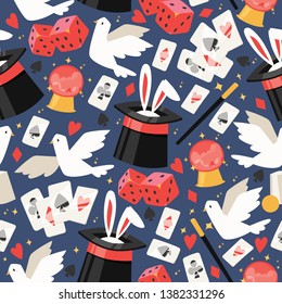 Magician Vector Seamless Pattern Illusionist Show Magic Illusion Playing Cards And Magical Illusionism On Backdrop And Cartoon Show Performance With Bunny Dove Background Set Illustration.