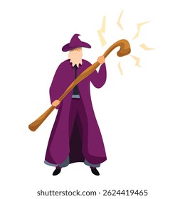 Magician wearing purple robe holding a wooden magical staff generating lightning bolts
