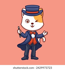 Magician White Cat Cute Cartoon Illustration