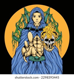 a magician whose ribs serve as defense in battle and and wields fireballs from ever-flaming skull heads
