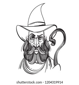 Magician or wizard. Bearded man in a cap. Fairy tale character. Outline vector illustration isolated on white background.