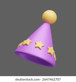 Magician wizard cone hat 3D style vector design element isolated. Purple triangle cone hat with yellow stars and pom pom birthday decoration. Surprise party anniversary celebration cap 3D render.