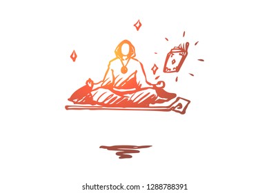 Magician, wizard, levitation, yoga, guru concept. Hand drawn wizard meditating in levitation concept sketch. Isolated vector illustration.