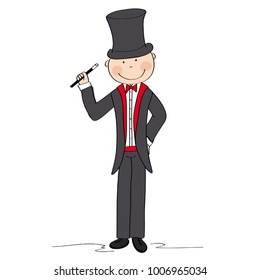 Magician / wizard standing and holding magic wand - original hand drawn illustration