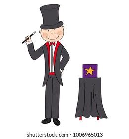 Magician / wizard standing next to the magic box and holding magic wand - original hand drawn illustration