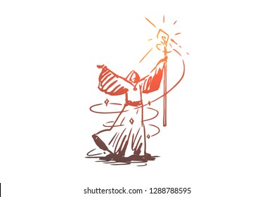 Magician, wizard, witchcraft, sorcery, costume concept. Hand drawn magician conjures concept sketch. Isolated vector illustration.