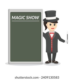 magician woman with black board information design character on white background