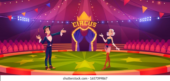 Magician and woman on circus arena. Performance, carnival show on round stade inside of cirque tent. Vector cartoon illustration of circus artists, illusionist with magic wand and girl assistant