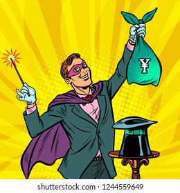 Magician with yen money. Pop art retro vector illustration vintage kitsch