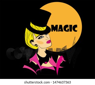 Magician, young girl illusionist in top hat 