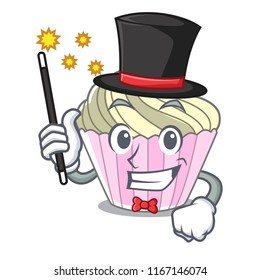 Magician yummy meringue cake on mascot cartoon