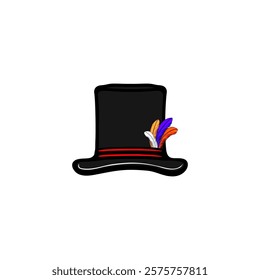 magician's black cylinder hat with feather vector illustration