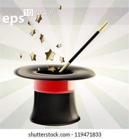 Magician's black hat with a glossy red tape and golden star magic wand inside it, eps10 vector emblem icon