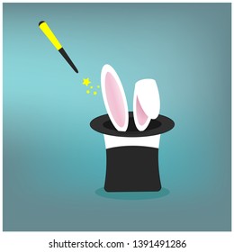 Magician's black hat, magic hat with bunny ears. Vector flat illustration in cartoon style.