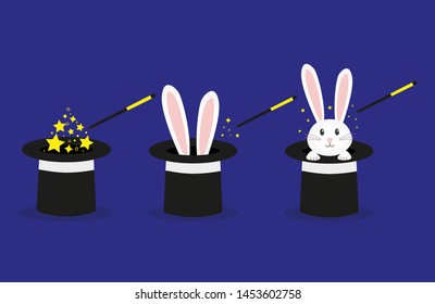 Magician's black hat, magic hat with bunny ears. Vector flat illustration in cartoon style.