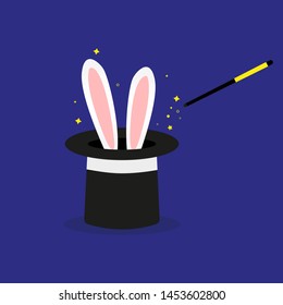 Magician's black hat, magic hat with bunny ears. Vector flat illustration in cartoon style.