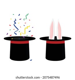 Magician's black hat, magic hat with bunny ears. Vector