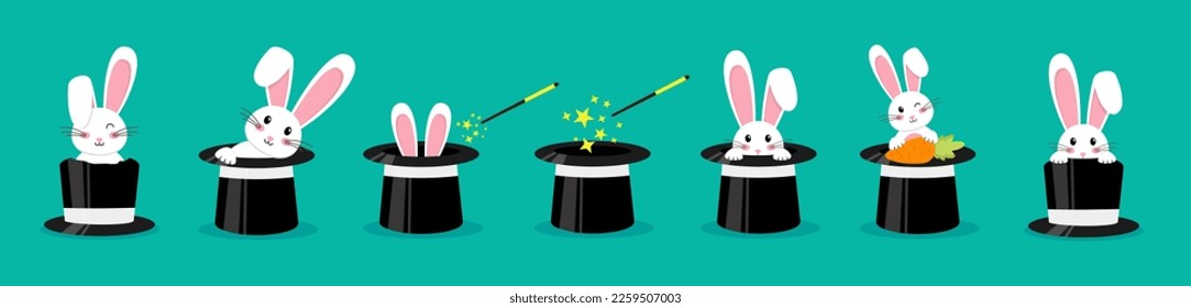 Magician's black hat, magic hat with bunny ears. Vector flat illustration in cartoon style.