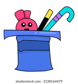 magician's bunny is hiding in a hat, vector illustration art. doodle icon image kawaii.