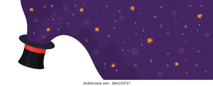Magician's cylindrical hat with magical night sky wave from it. Horizontal banner.